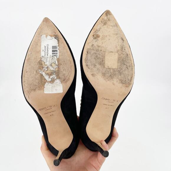 Jimmy Choo Lux 100 Black Suede Gold Crystal Ankle Strap Vamp Booties size IT 40 - Picture 10 of 11